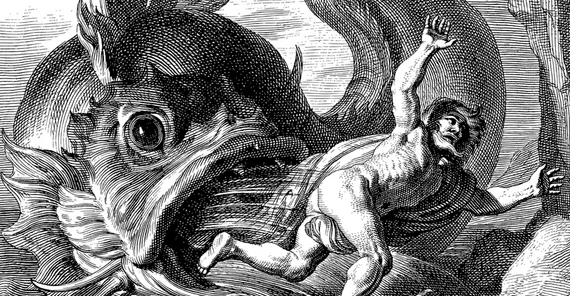 Aus der Legende: Jona wird vom Fisch ausgespien | Abbildung: nach einem Druck von Cornelis Van Dalen (17. Jh.)