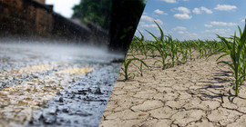 Collage aus einem Bild, das Starkregen zeigt, und einem, das ein ausgetrocknetes Feld abbildet