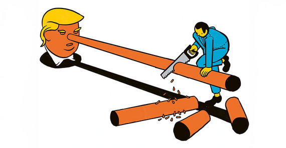 Symbolbild: Die Büste einer Person mit orangener Hautfarbe und auffälliger geföhnter Herrenfrisur bildet eine lange Nase aus, vergleichbar mit der Figur Pinocchio. An dieser hölzernen Nase sägt eine Person mit einer Säge. Diverse teile der Nase wurden schon entfernt und liegen wie Holzstämme am Boden.