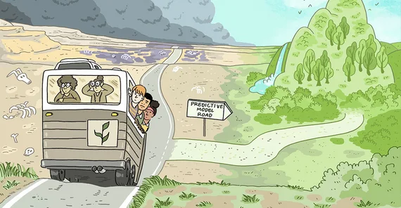 Illustration: Ein Bus mit forschenen Menschen fährt auf den Betrachter zu. Hinter dem Bus links ist ödes Land zu sehen. Rechts hinter dem Bus zweigt ein Weg in eine idyllische Landschaft ab. Ein Wegweiser in dieses Gebiet trägt die Aufschrift: "PREDICTIVE MODEL ROAD"