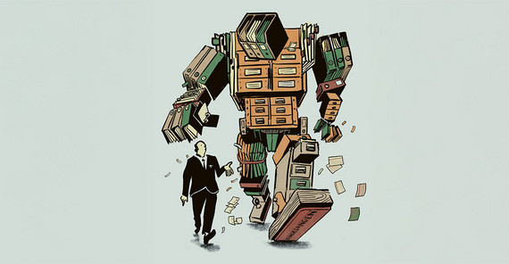 Illustration: A man in a suit walks alongside a figure twice his size, explaining something. The figure resembles an angular humanoid robot, but is constructed from office supplies such as filing cabinets, folders, files and stamps.