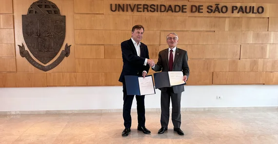 University of Potsdam President Oliver Günther and Rector Aluísio Segurado following the renewal of the partnership agreement between the universities of Potsdam and São Paulo (USP).