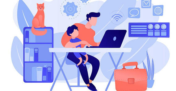 Grafische Darstellung einer Person, die mit Kind am Arbeitsplatz im Homeoffice sitzt. Die Grafik ist von AdobeStock/Visual Generation.