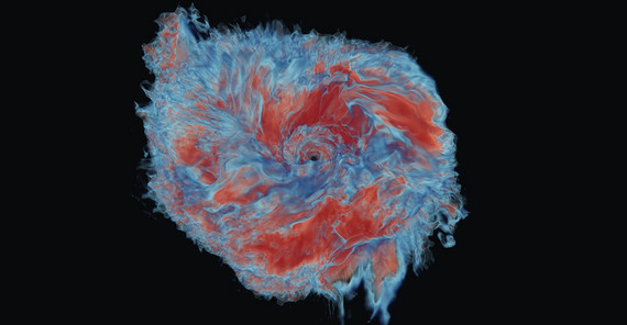 Numerische Simulation des entstehenden Auswurfmaterials zweier verschmelzender Neutronensterne. Rote Farben beziehen sich auf ausgeworfenes Material mit einem hohen Anteil an Neutronen, wohingegen blaues Material einen hohen Anteil an Protonen enthält.