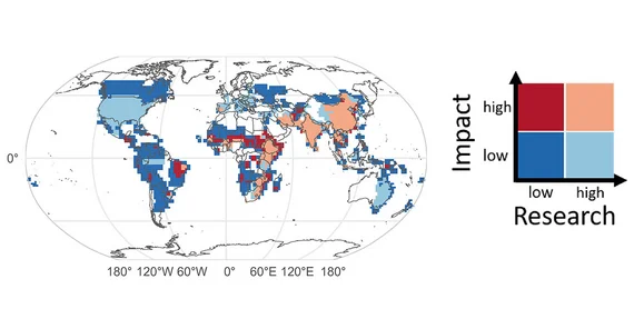 Global map of drought research in relation to drought impact.