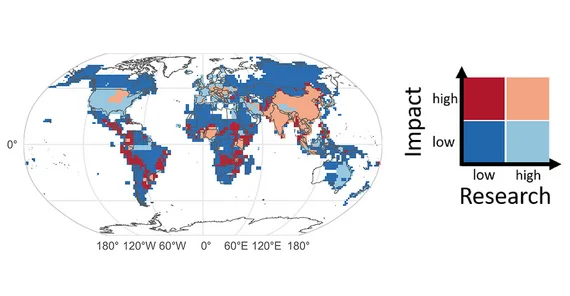 Global map of flood research in relation to flood impact.