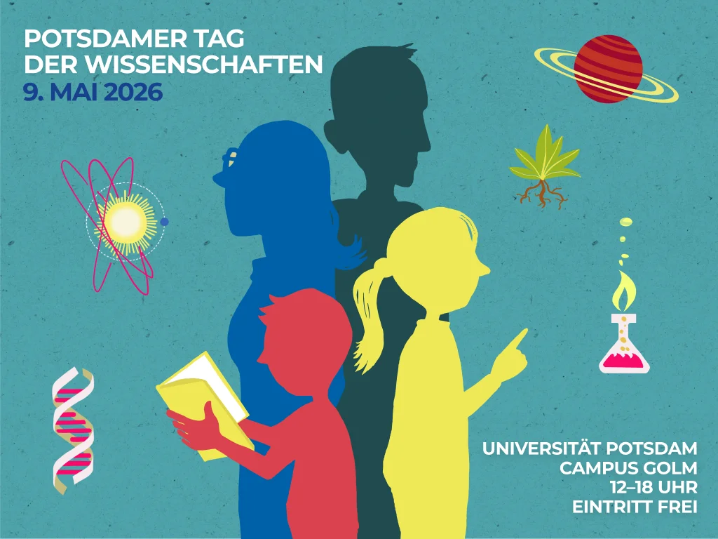 Einladungsbanner zum Potsdamer Tag der Wissenschaften mit Schriftzügen und Menschen verschiedener Altersklassen in farbigen Silhouetten.