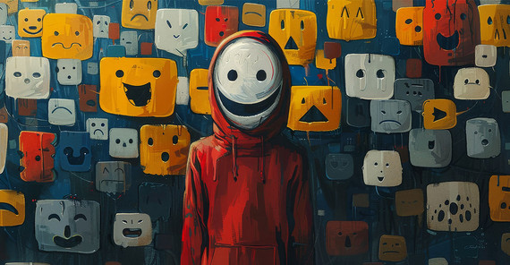 Symbolic image: Illustration of a figure wearing a red hoodie. The hood conceals a white mask with a distorted smile. In the background, mask-like rectangular faces with various expressions, reminiscent of social media elements, can be seen. The overall mood of the image is ominous.