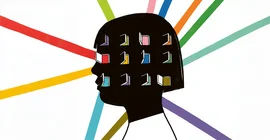 Illustration: A human head in profile. A black silhouette with several rows of small, rudimentary doors or windows opening up. Each opening is highlighted in a different colour. The background is white, criss-crossed with broad stripes in various bright colours, all converging behind the head.