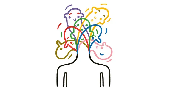 Illustration: A simply drawn depiction of a human upper body with a head. The body is outlined in black; approximately six different heads emerge from the neck, each in a different pose and with a different facial expression, and each coloured differently.