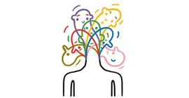 Illustration: A simply drawn depiction of a human upper body with a head. The body is outlined in black; approximately six different heads emerge from the neck, each in a different pose and with a different facial expression, and each coloured differently.