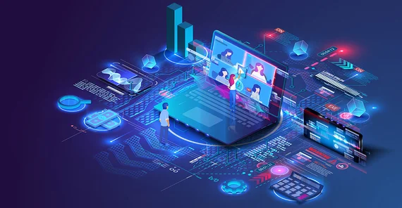 Symbolbild Digitalisierung. U. a. mit Personen, die teils auf einem übergroßen Laptop stehen und diesen bedienen.