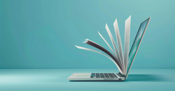 Open Science und KI prägen die Hochschullandschaften nachhaltig. Ein aufgeklappter Laptop von der Seite, aus denen Buchseiten hinaus ragen.