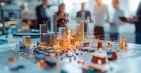 Modell einer Stadt auf einem Tisch mit erleuchteten Netzwerken darauf