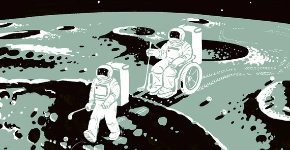Illustration: Two people are moving around on the moon in space suits, one of them in a wheelchair. Both appear to be playing golf (golf clubs and balls).