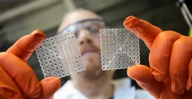 A chemist holds two perforated plates into the camera