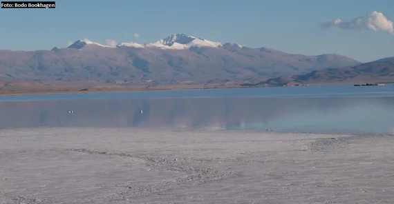Starkniederschläge haben Bereiche der östlichen Anden in Nordwestargentinien erfasst und dort zu Schneefall auf fast 6000 Meter Höhe (Nevado de Chañi) und zu Regen in den darunterliegenden Bereichen auf fast 4000 Meter geführt. Das beeinflusste Gebiet ist normalerweise sehr trocken, was auch die Salzablagerungen im Vordergrund zeigen. Der See existiert nur aufgrund des starken Niederschlages. (Foto: Bodo Bookhagen)