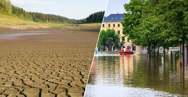 geteiltes Foto mit ausgetrocknetem Boden (links) und überschwemmtem Ort (rechts)