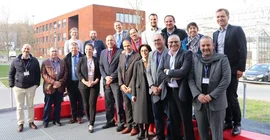 Delegation aus Jordanien und Palästina mit Sascha Thormann, Geschäftsführer von Potsdam Transfer und Leiter des Transferservice, sowie Caroline Reid und Nicolas Rode, beide Potsdam Transfer, auf dem Campus Golm.