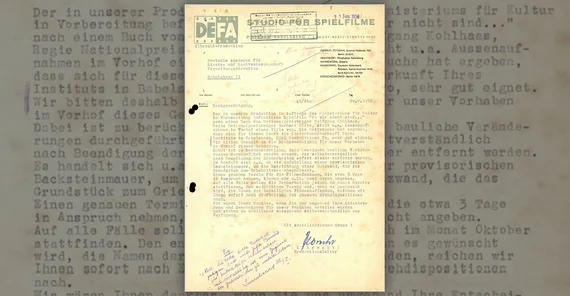 Ein vergilbtes Dokument der DEFA mit Schreibmaschinenschrift.