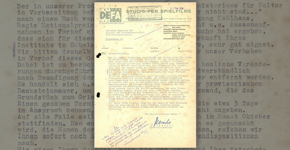 Ein vergilbtes Dokument der DEFA mit Schreibmaschinenschrift.