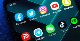 Different social media buttons on a smartphone display.
