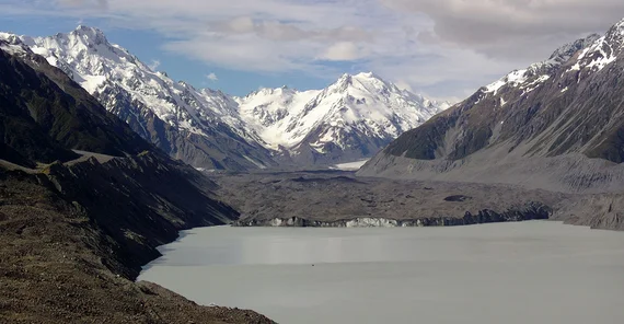 Tasman Lake, fed by the Tasman Glacier in the background, in New Zealand.