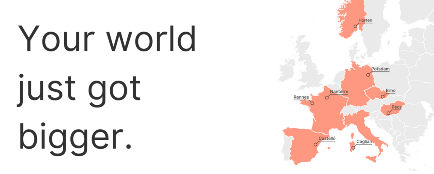 Map of Europe with EDUC universities and the slogan Your world just got bigger