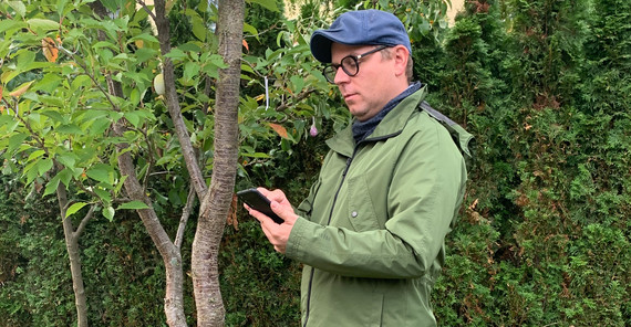 Mann mit einem Smartphone im Grünen.