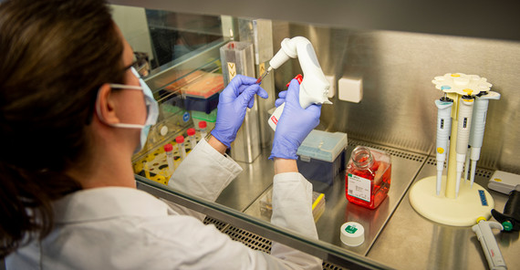 The pictures shows a person working in a lab.