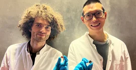 Felix Lang und Guorui He mit Perowskit-OPV-Solarzellen.