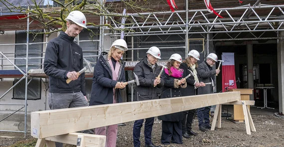 6 Menschen hämmern Nägel in einen großen Balken