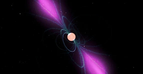 Künstlerische Darstellung eines rotierenden Pulsars mit seinem starken Magnetfeld, das sich mit ihm dreht. Wolken geladener Teilchen bewegen sich entlang der Feldlinien und ihre Gammastrahlen werden wie ein Leuchtturmlicht von den Magnetfeldern ausgestrahlt.
