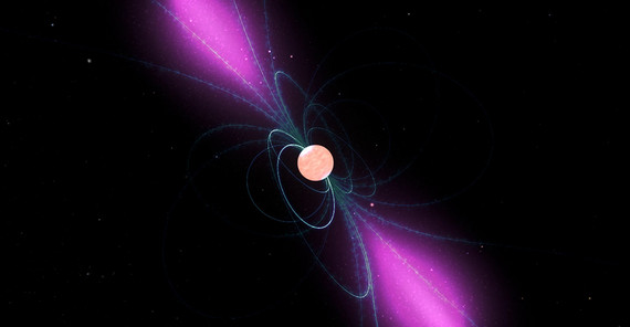 Künstlerische Darstellung eines rotierenden Pulsars mit seinem starken Magnetfeld, das sich mit ihm dreht. Wolken geladener Teilchen bewegen sich entlang der Feldlinien und ihre Gammastrahlen werden wie ein Leuchtturmlicht von den Magnetfeldern ausgestrahlt.