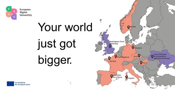 Ausschnitt einer Landkarte Europas. Farbig hinterlegt sind Mitgliedsländer EDUCs. Text: Your world just got bigger.